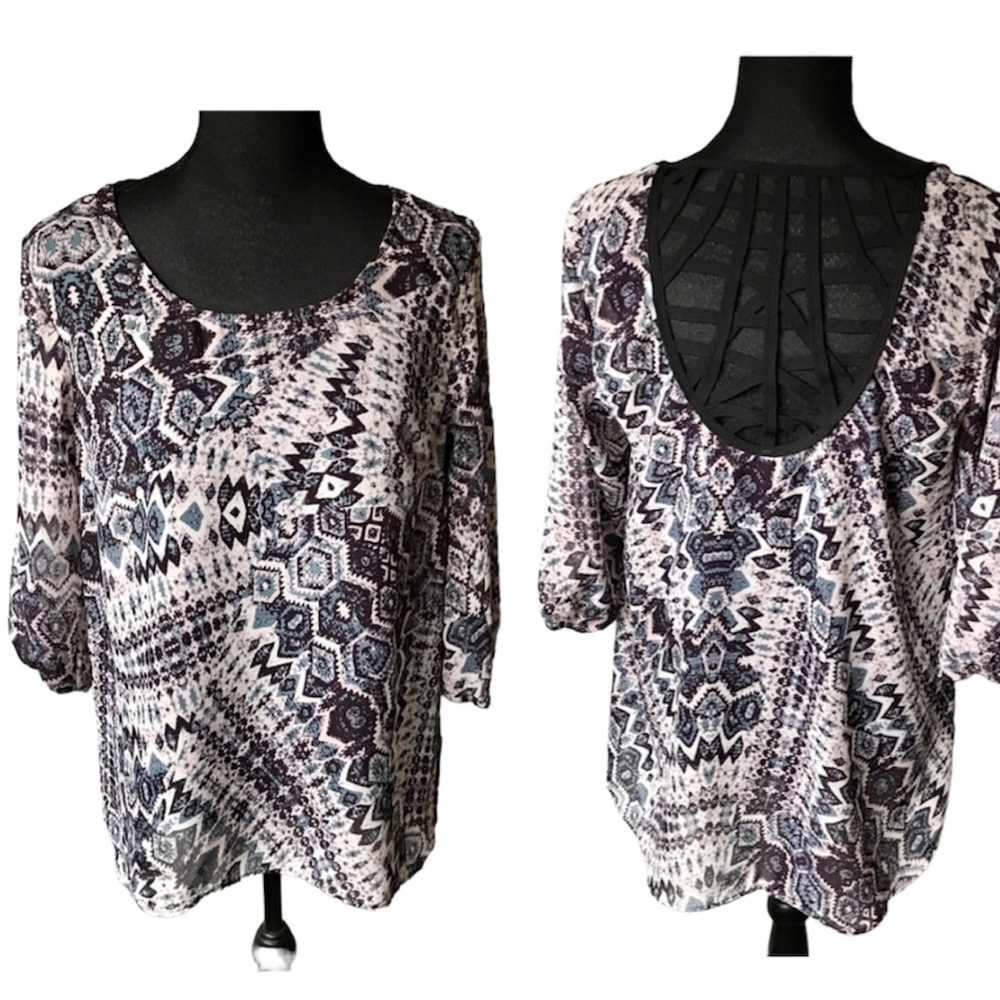 Maurices White pink gray black semi sheer cage back dressy top